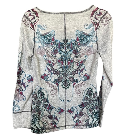 One World Grey Long Sleeve Top Blue Purple Paisley Studs Boho Casual size small - Picture 2 of 15